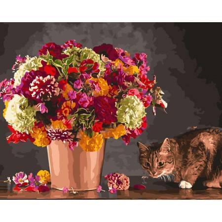 Картина за номерами Кіт і букет квітів, GX45495