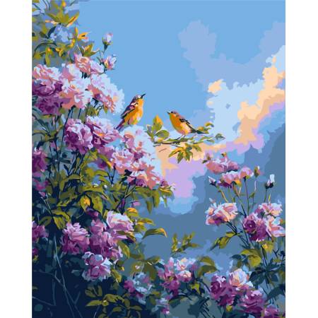 Птицы среди цветущих пионов Птицы среди цветущих пионов