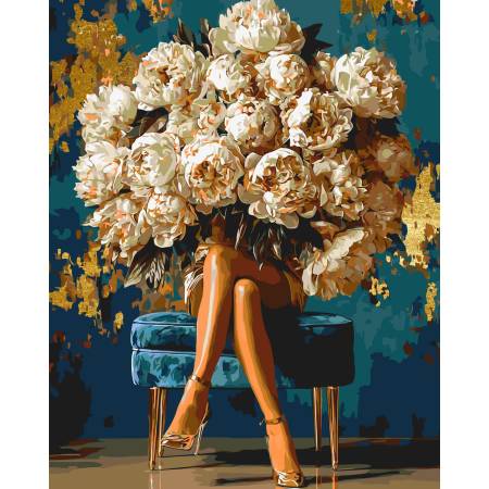 Картина за номерами Дівчина квітка, півонії розкоші з фарбами металік, LW3048-01 Картина за номерами Дівчина квітка, півонії розкоші з фарбами металік, LW3048-01