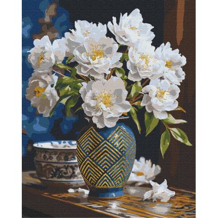 Картина за номерами Білі квіти у вазі з фарбами металік золото , LW31350