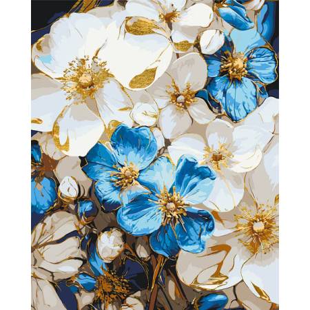 Картина за номерами Біло-блакитні квіти з фарбами металік Орігамі, W3293
