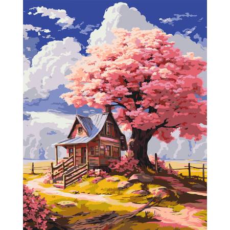 Картина за номерами Краєвид. Рожеве дерево в лісі, LW3296