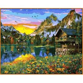Деревня у горного озера Babylon - в раме, цветной холст