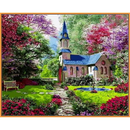 Замок в цветущем саду, цветной холст