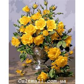 Желтые розы в серебряной вазе