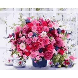 Яркий букет розовых хризантем, цветной холст