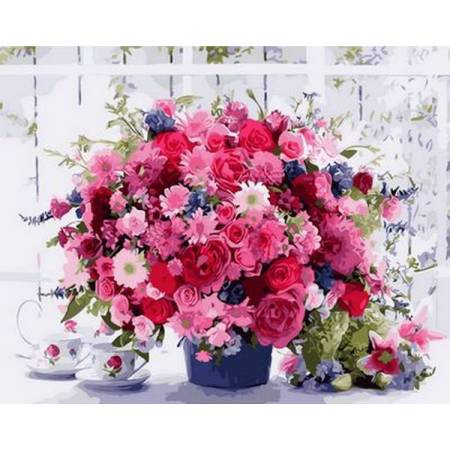 Яркий букет розовых хризантем, цветной холст