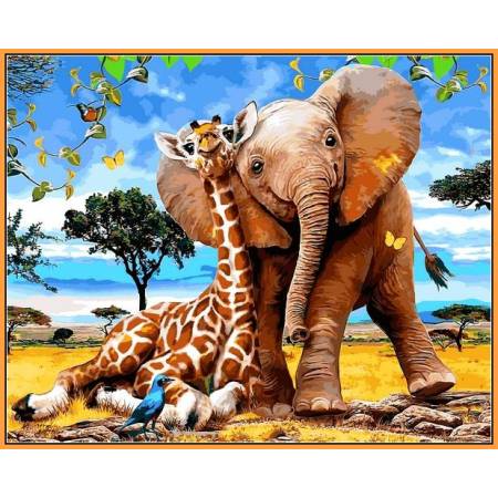 Картина за номерами Слоненя і жираф - у рамі, кольорове полотно , NB1318R