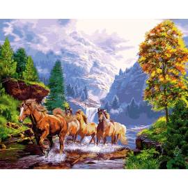 Коні на березі озера, кольорове полотно